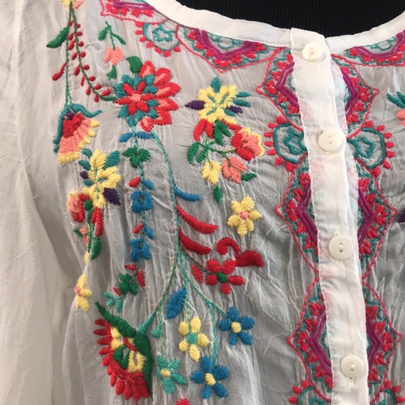 Johnny Was Embroidered Tunic Womens Small White Sheer Silky Floral Boho Fairy - Picture 2 of 11